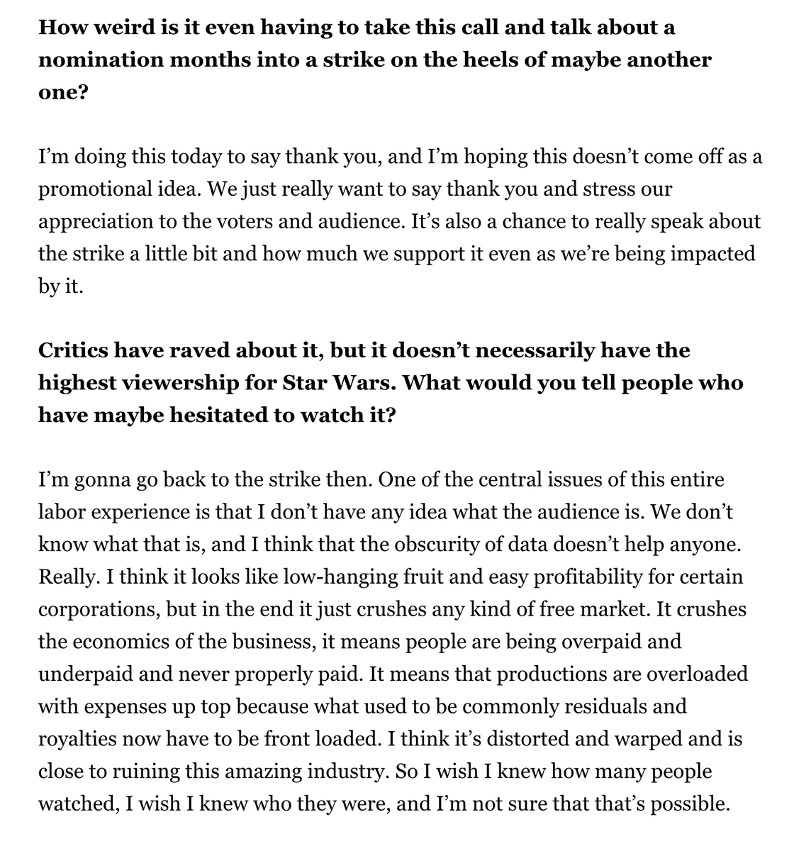 maxfolkmax's tweet photo. Tony Gilroy using his celebratory Andor Emmy nom interview to instead talk about the strikes is the energy we need right now https://t.co/tUlN37JhGJ https://t.co/OKK4o2w0Ms