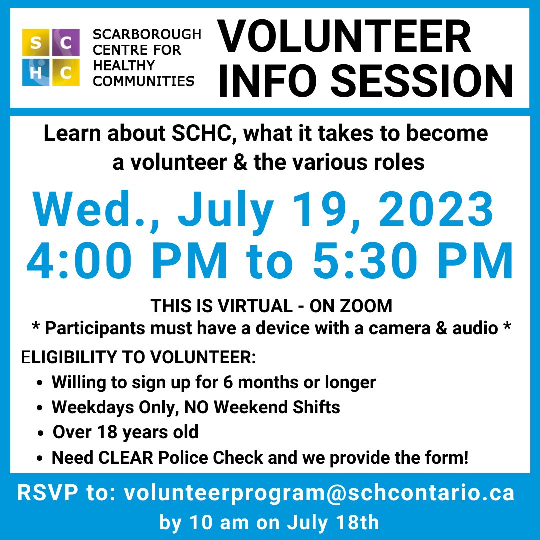 SCHCOnt's tweet photo. 📢VOLUNTEER INFO SESSION HAPPENING JULY 19 📢 If you want to impact the lives of #Scarborough residents, then consider #volunteering❗We are looking for more #volunteers willing to commit ➡️ Register for our upcoming info session via email ✉️ volunteerprogram@schcontario.ca https://t.co/j7wdT1bRrD