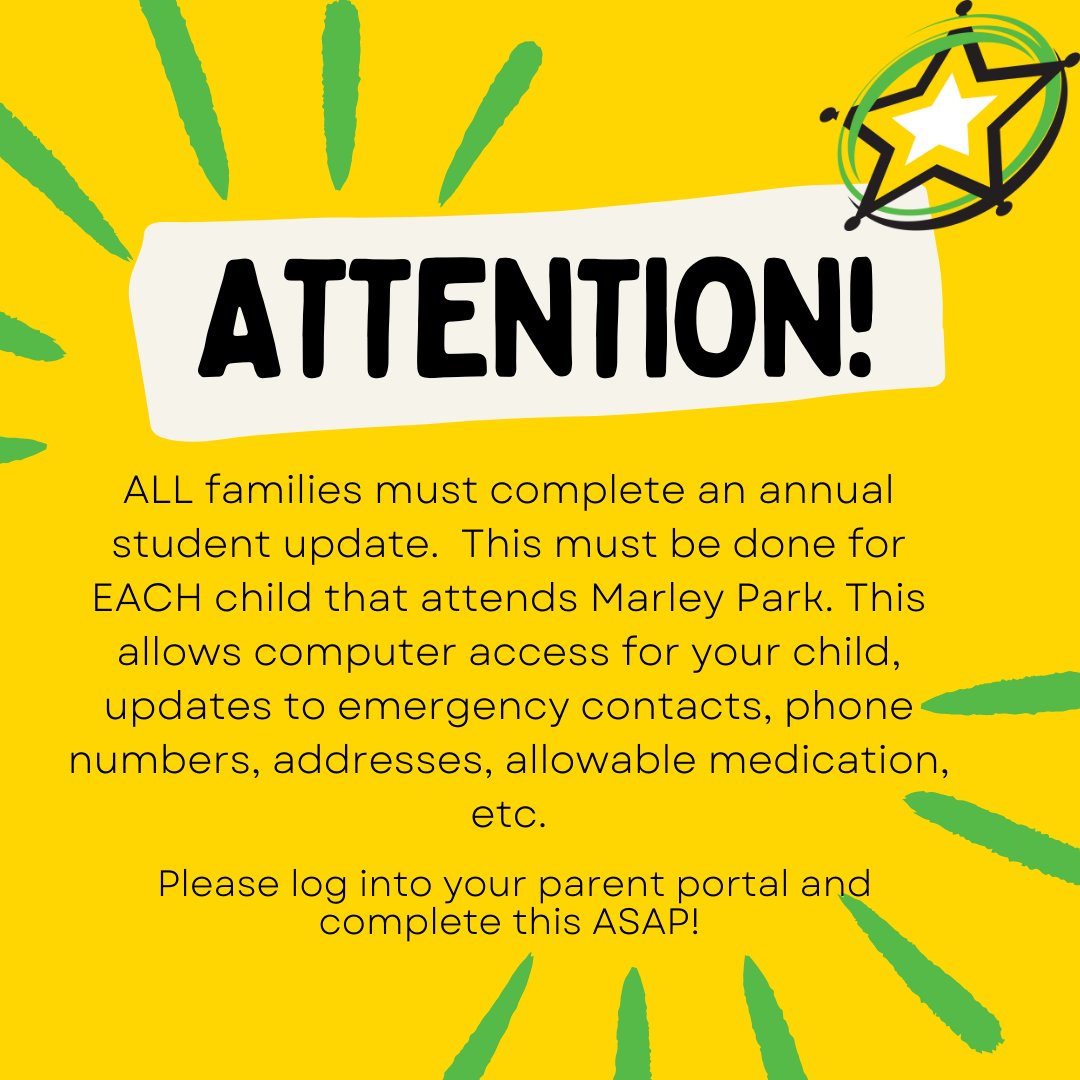 Take time today to update your child's Annual Student Update. Each year, this needs to be completed for each child attending Marley Park.  https://t.co/XINgzeK7Ec

Directions: https://t.co/ybU0zW4SE3 https://t.co/slJkFTF6OU