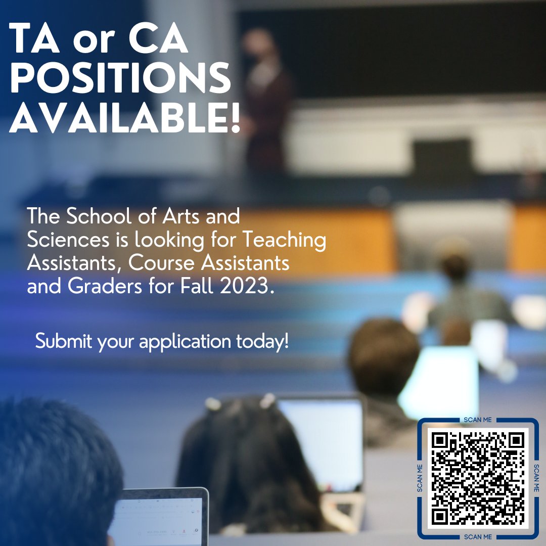 The School of Arts and Sciences is hiring for additional TA, CA and Grader positions for Fall 2023. The selection process starts in mid-July, so apply today!

For more info & an application, visit https://t.co/9BDNVHTuMQ.

#Brandeis #BrandeisGSAS #TA #CA #ProfessionalDevelopment https://t.co/ciBCaEqz5u