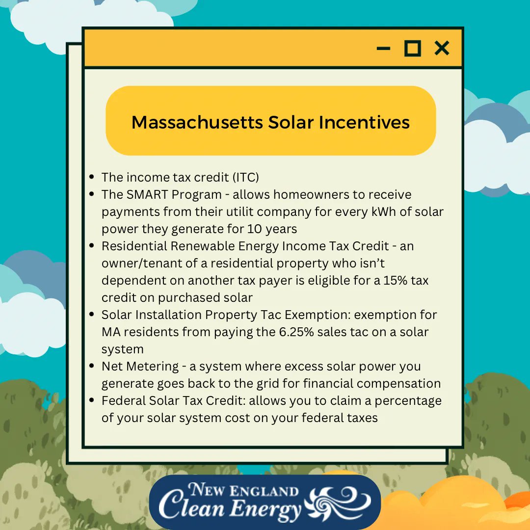 NE_Clean_Energy's tweet image. There are a variety of solar incentives that are offered in New England, and New England Clear Energy is here to highlight the most important ones for Massachusetts, Rhode Island, and New Hampshire! ☀️ #solarenergy #NECE #solartip