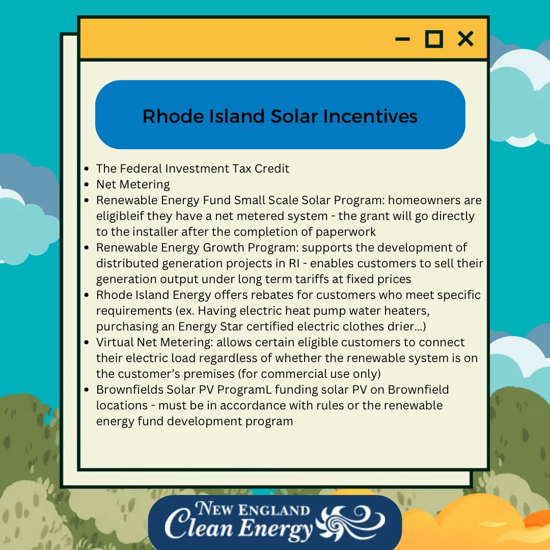 NE_Clean_Energy's tweet image. There are a variety of solar incentives that are offered in New England, and New England Clear Energy is here to highlight the most important ones for Massachusetts, Rhode Island, and New Hampshire! ☀️ #solarenergy #NECE #solartip