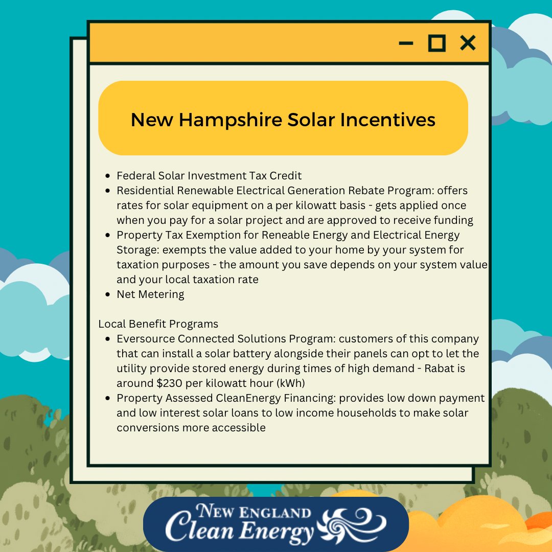 NE_Clean_Energy's tweet image. There are a variety of solar incentives that are offered in New England, and New England Clear Energy is here to highlight the most important ones for Massachusetts, Rhode Island, and New Hampshire! ☀️ #solarenergy #NECE #solartip