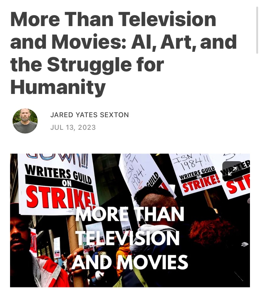 JYSexton's tweet photo. As Hollywood shuts down, we have to recognize this is about way more than movies or TV shows.

This is about opposing an exploitative system that oppresses all of us, a system that worsens every single day and is poised, with AI, to go into hyperdrive.

https://t.co/xcdjau2PxA https://t.co/Xd2FgLxJ3i