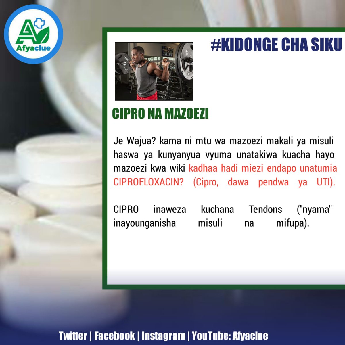 afyaclue's tweet photo. Kwa kawaida, Cipro inaweza kuwa na athari kwenye tishu na mishipa ya mwili. Inaweza kusababisha ulegevu, uchovu, na kusababisha hatari ya kuumia. Kwa hiyo, ni muhimu kuwa mwangalifu wakati wa kufanya mazoezi ili kuepuka madhara yoyote yasiyotarajiwa.
#kidongechasiku https://t.co/UEMjPXJbRA