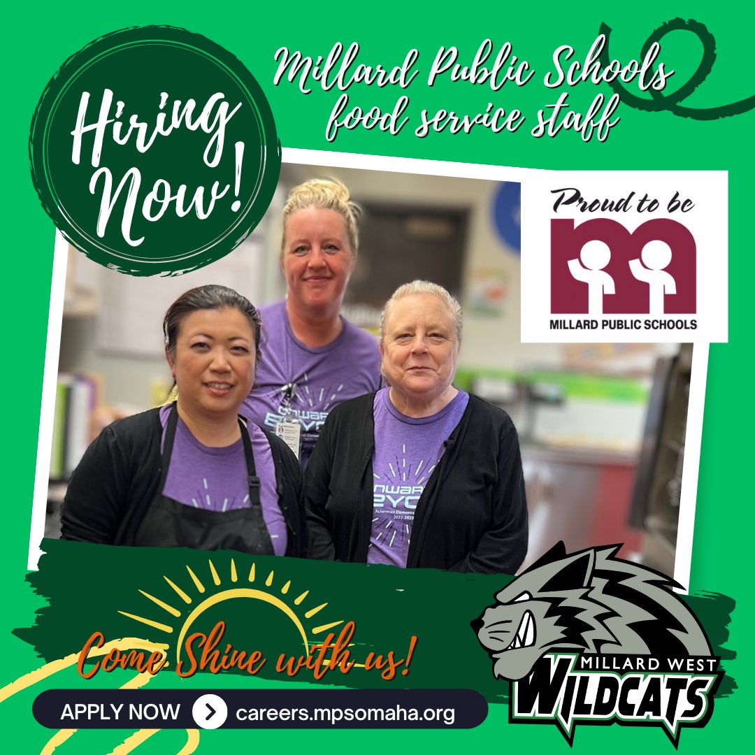 Now is your chance! Cooking up a bright future while working your kid's schedule. Millard West Wildcats are hiring kitchen staff. Apply today! careers.mpsomaha.org #SHINEwithMPS #Proud2bMPS #MPSschoollunch #WildcatPower @MWHSWildcats