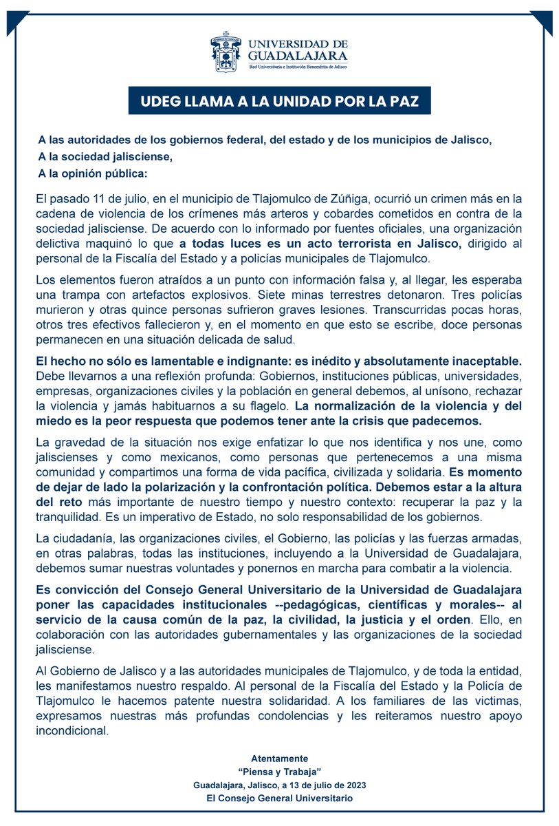udg_oficial's tweet photo. #ComunicadoUdeG: En la UdeG hacemos un llamado a la unidad por la paz y ponemos nuestras capacidades institucionales al servicio de la sociedad. https://t.co/mlc42UNm6V