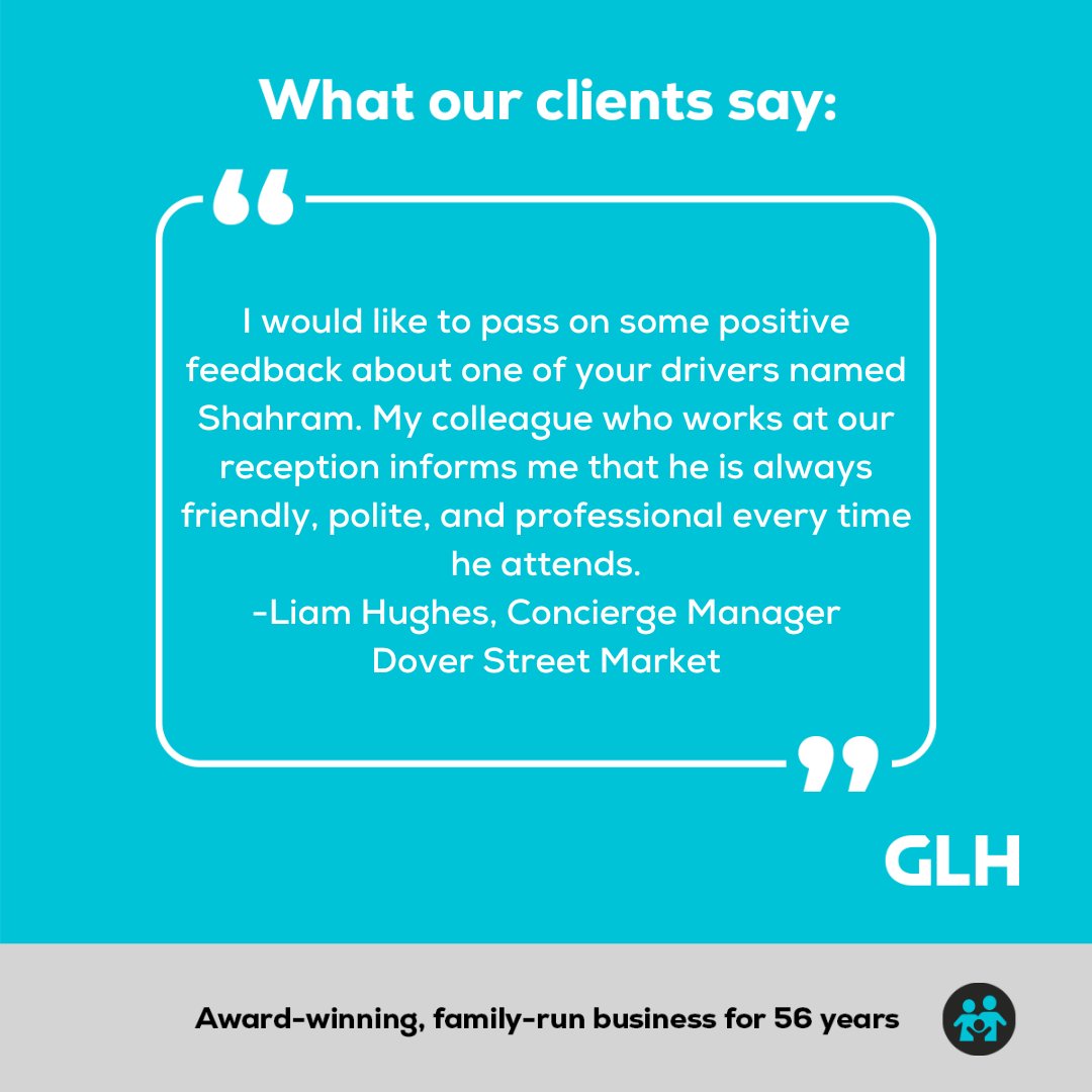 #TestimonialThursday

A huge thank you to Liam, the Concierge Manager at Dover Street Market for the fantastic feedback about GLH driver, Shahram! 🌟 

We appreciate your kind words and look forward to continuing to serve you with the same level of excellence.
#Review #GLH