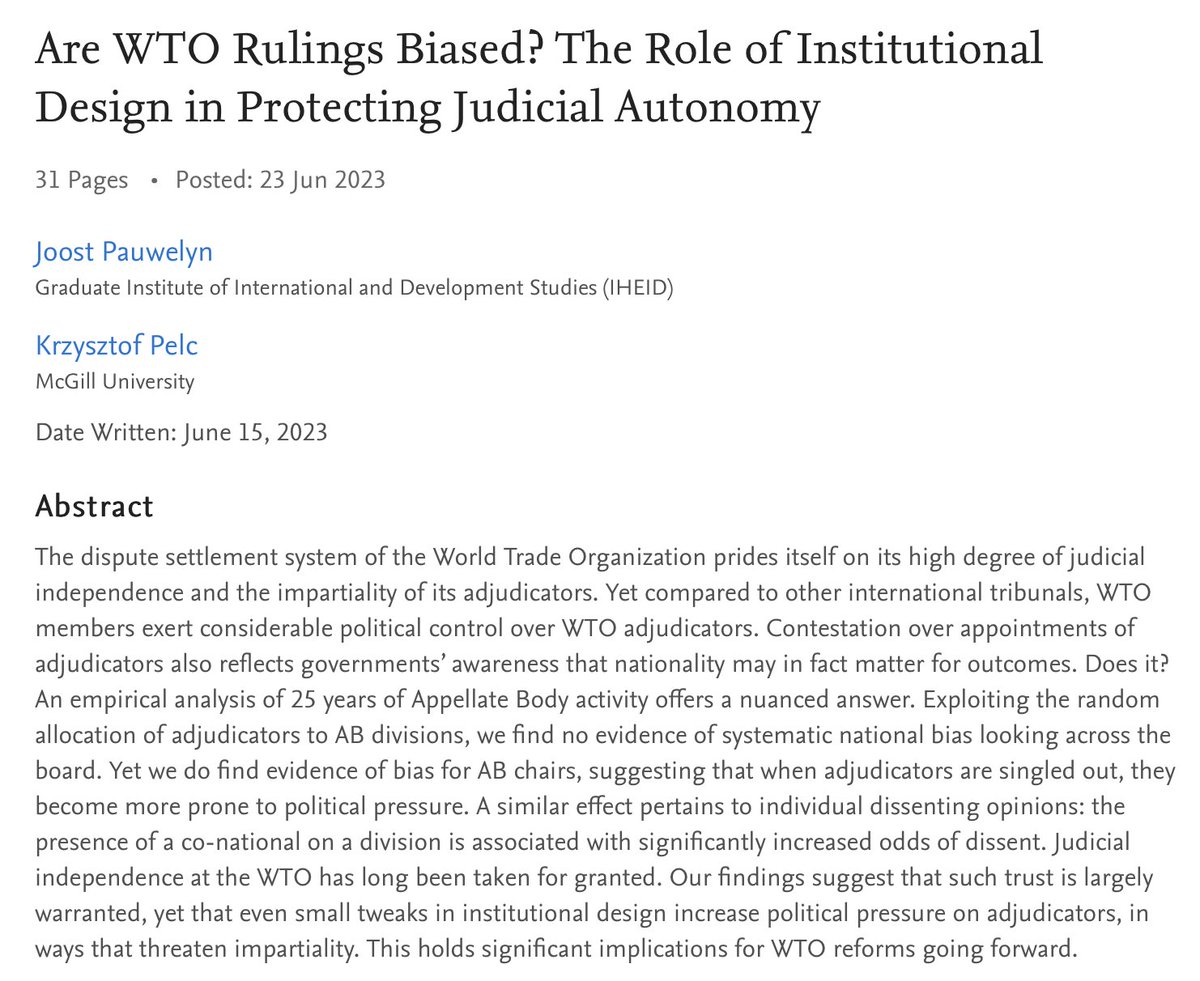 Ever wondered whether WTO Appellate Body was biased? 

We ran the numbers

Found no nationality bias in random selection nor in outcomes (up to 2005)
Bias when chair is national &amp; for dissents

Overall AB was surprisingly neutral! How? 
New paper here: tinyurl.com/2p8s9jz5
