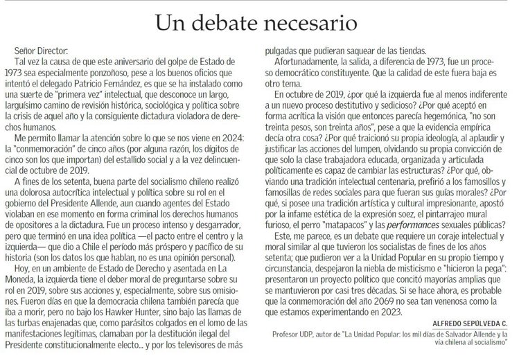 En lenguaje elegante <a href="/asepulveda/">Alfredo Sepúlveda Cereceda</a> dice lo que otros hemos dicho en forma más prosaica. Hubo una izquierda golpista el 2019 y no se han hecho cargo.