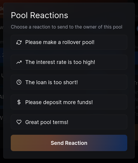 1/ The release of Pool Requests enabled borrowers to voice their intentions and communicate with potential lenders. Today we are taking the next step in that direction by launching Pool Reactions, which will continue to facilitate meaningful communication between our users!