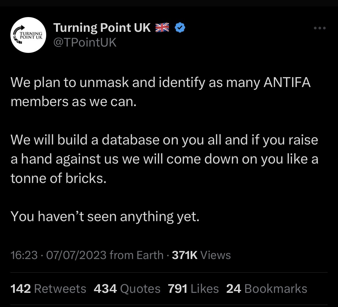 Far right street protest group Turning Point UK say they will build a database of ‘Antifa members’.