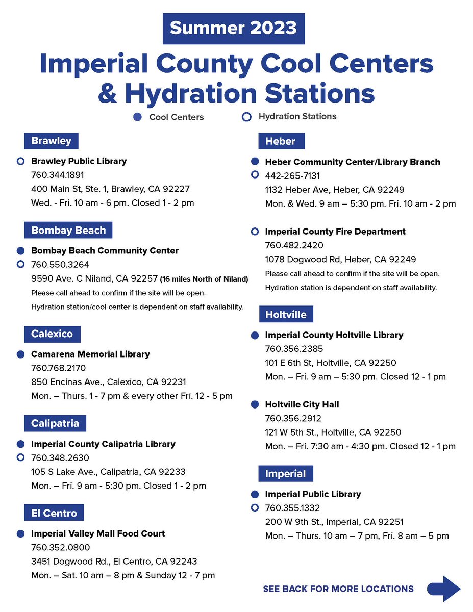 ICTCpublicinfo's tweet photo. Good afternoon, with the recent heat, we are sharing the list of centers and hydration stations. This list was provided by the Imperial County Health Department and is also available at https://t.co/oTj1TICIAD
Thank you for traveling with us! https://t.co/dtCPKjVmvV