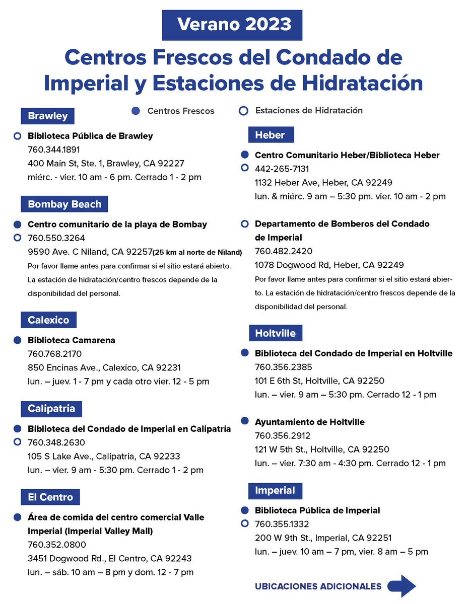 ICTCpublicinfo's tweet photo. Good afternoon, with the recent heat, we are sharing the list of centers and hydration stations. This list was provided by the Imperial County Health Department and is also available at https://t.co/oTj1TICIAD
Thank you for traveling with us! https://t.co/dMXuVJBmHB