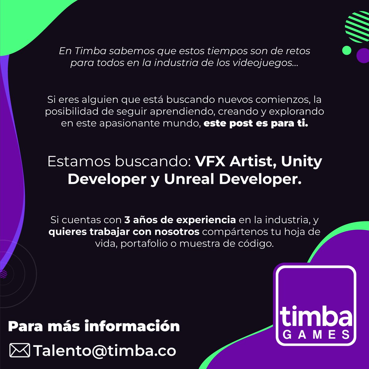 timbagames's tweet photo. Timba es el lugar para los creativos💥🤘, los apasionados por crear y transformar la industria de los videojuegos en Latinoamérica y el mundo🌎🎮.

En nuestro equipo, valoramos tus ideas y creemos que ser tú mismo es lo más importante.⚡
#indiegamedev #indiegames https://t.co/Rgy63QOMHZ