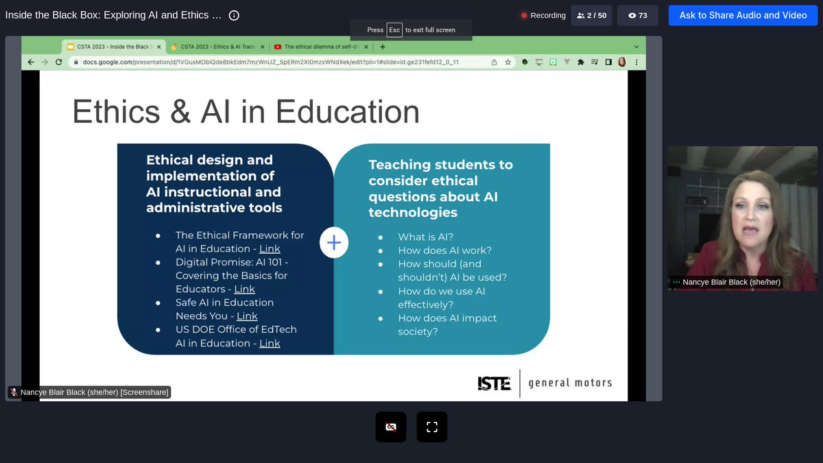 LSteinhauser3's tweet photo. Thank you @NancyeBlackEdu for Inside the Black Box: Exploring AI and Ethics in the K-12 Classroom presentation. #CSTA2023  @csteachersorg @Cs4Nj @CSTANewJersey @ISTEofficial https://t.co/SJvHEzNNjL