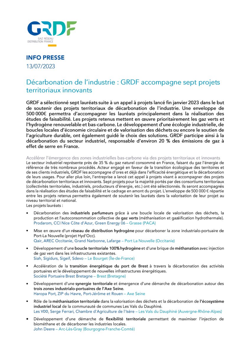 🗞 #InfoPresse
#GRDF a sélectionné 7 lauréats suite à un appel à projets dans le but de soutenir des projets territoriaux de #décarbonation de l'’#industrie.
Les projets retenus mettent en œuvre les #GazVerts et l’#hydrogène renouvelable &amp; bas-carbone.
➡️ cutt.ly/WwoafbTZ
