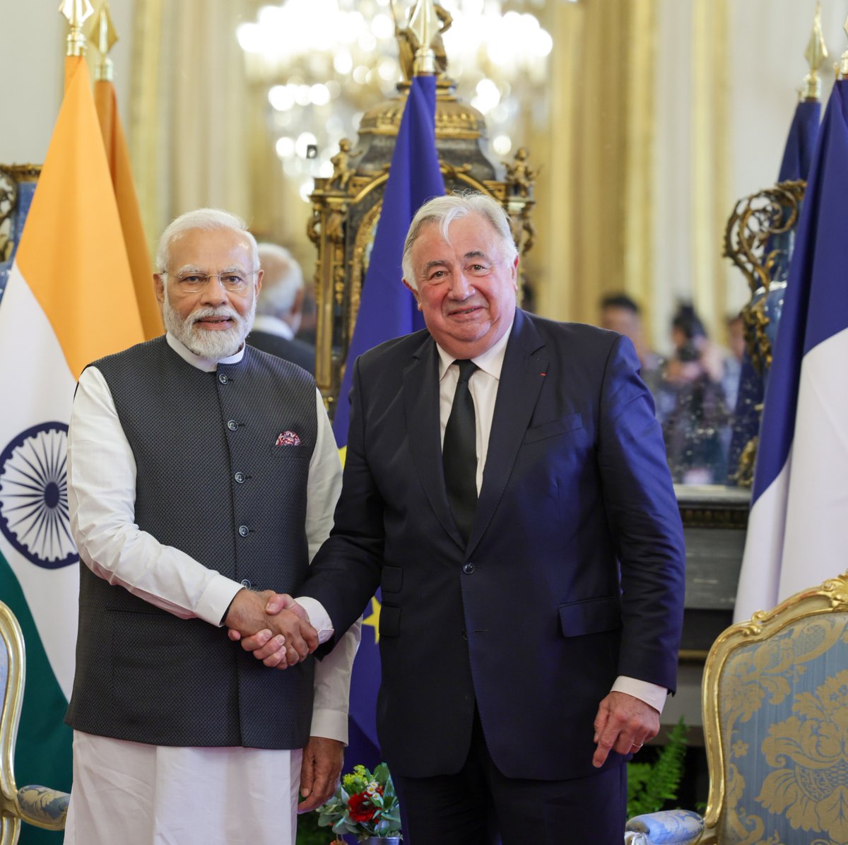 narendramodi's tweet photo. Ravi d'avoir rencontré M. @gerard_larcher, Président du @Senat. Échanges productifs sur les moyens d'approfondir la coopération entre l'Inde et la France dans divers secteurs. https://t.co/Kq34zr7AJt