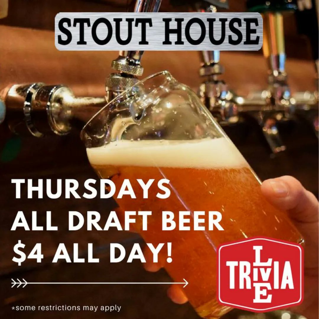 8PM Trivia! Win gift cards, drink for LESS! With $4 drafts all day under 8%, happy hours starting at 2 with Kayhla, it's the spot! $2.50 Domestic bottles early! Tonight we get Spensor and Alisha running the place, pouring $4 Crown, Titos, and Skrewball! #stouthousesa
