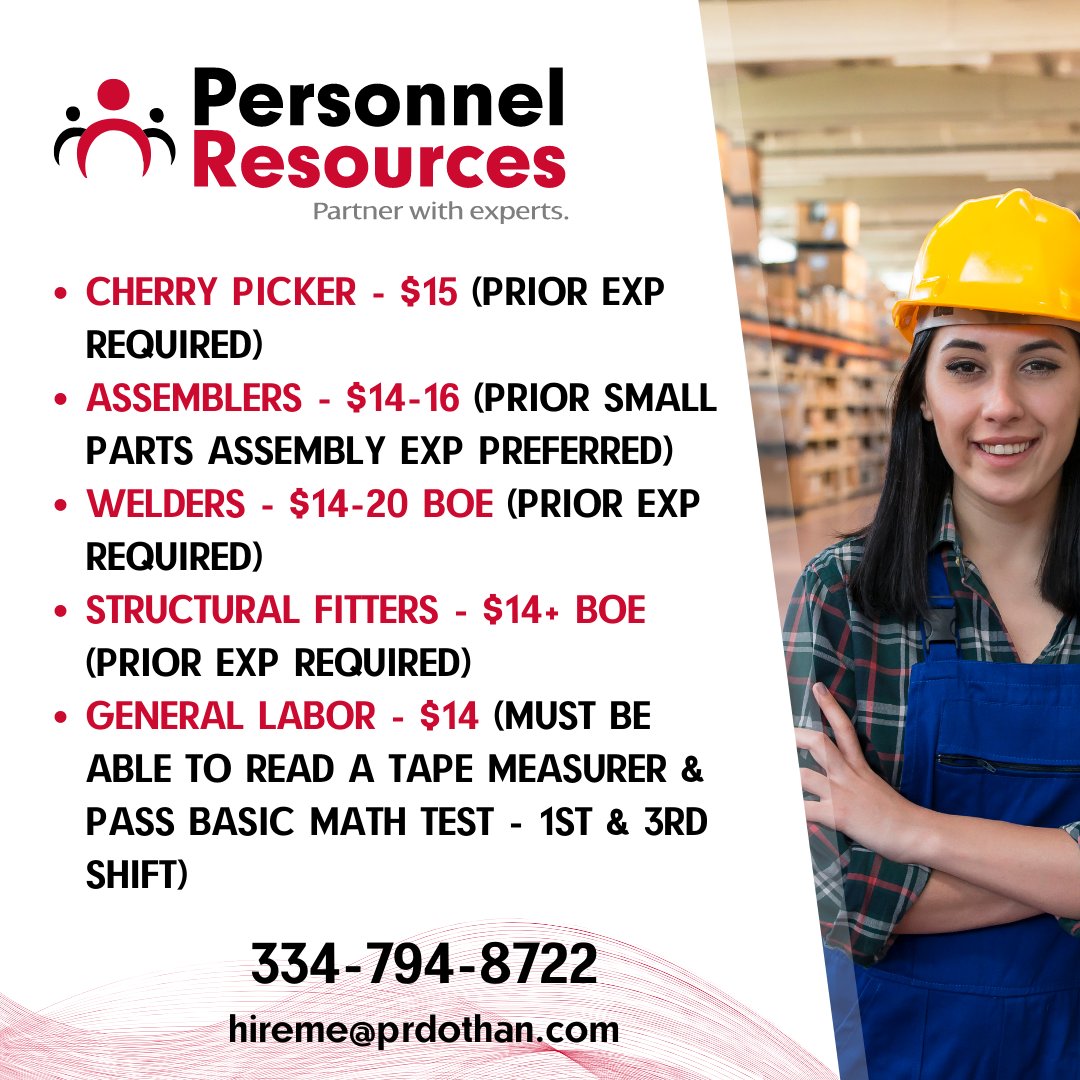 Southeast ALWorks (@sealaworks) on Twitter photo Several job openings in Dothan! See the list below and apply today by emailing hireme@prdothan.com! #Hiring #ApplyNow #Dothan #southeastalabamaworks Several job openings in Dothan! See the list below and apply today by emailing hireme@prdothan.com! #Hiring #ApplyNow #Dothan #southeastalabamaworks