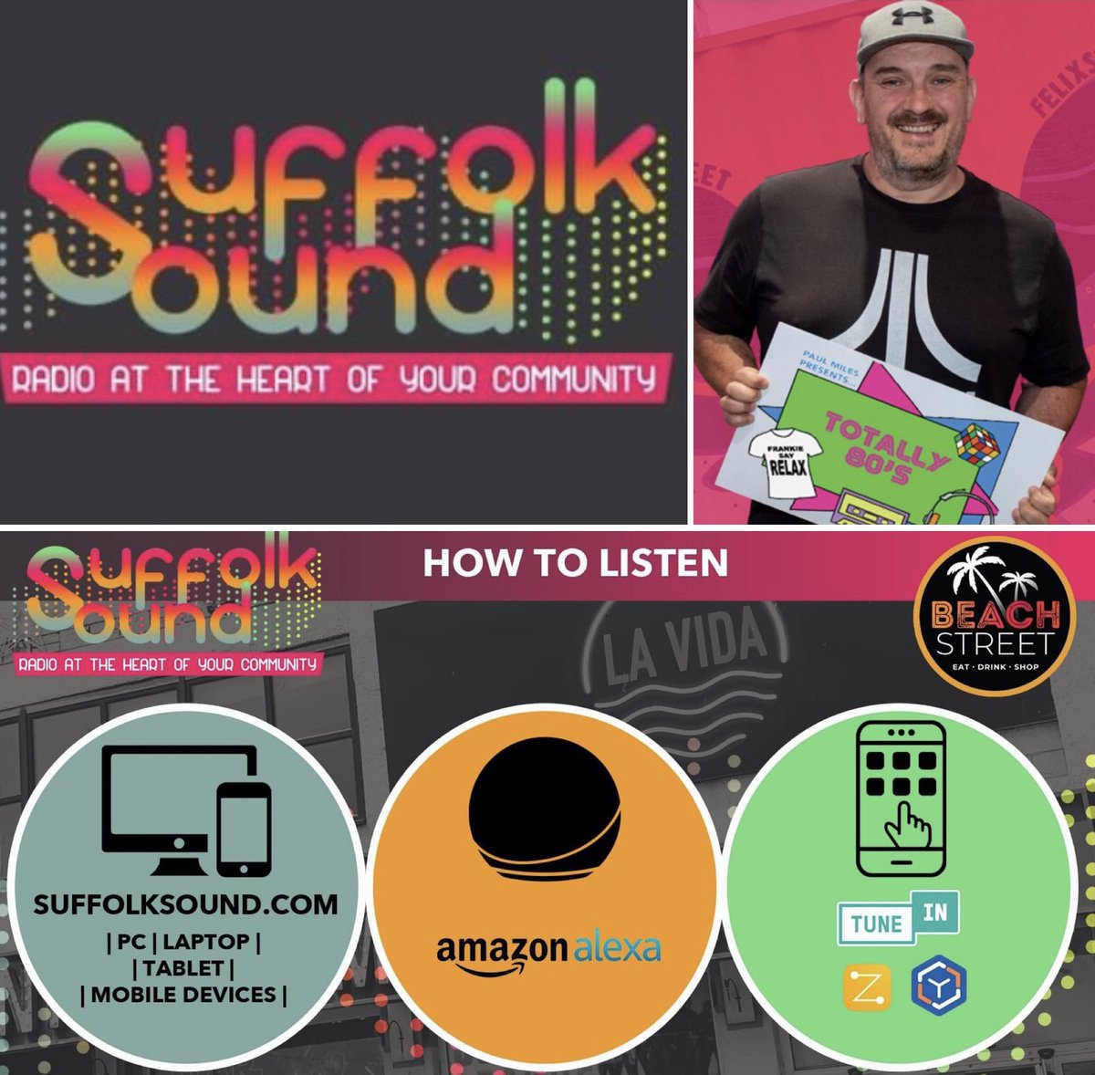 paulmpresents's tweet photo. There are many ways to listen to @Suffolk_Sound on your laptop, mobile, tablet, smart speaker, as well as the Tune in app. Make sure you listen to launch day Saturday 15th at 12 Noon check out https://t.co/NMRWrOu2EI for the full line up and schedule #suffolksound #totally80s https://t.co/dp6dtVECDA