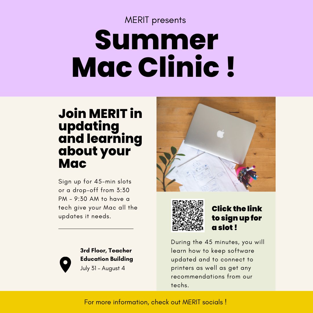 MERIT_Library's tweet image. Registration is now open for MERIT's Summer Mac Clinic ! You can find the link to register in our bio or click the link in our story #uwmerit