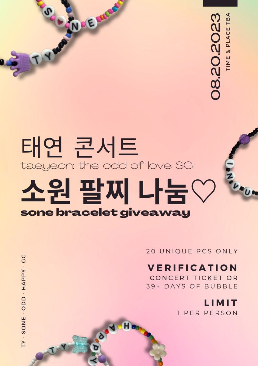 calmandchaos_'s tweet photo. Reviving the tiny factory for 🇸🇬😬

#TAEYEON Concert: #TheODDofLOVE_in_Singapore
💜SONE Bracelet Giveaway💜

🍑Only 20 unique pcs
🍑Present concert ticket or 39+ days of Bubble to claim
🍑Will notify exact time &amp; place in this thread on 8/20 https://t.co/X0qkjBBOxy