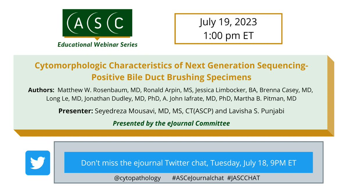 Don't miss the eJournal Twitter Chat and LIve Webinar, July 18 &amp; 19
Register for the webinar - buff.ly/3NLORRx 
#cyto #cytopath
