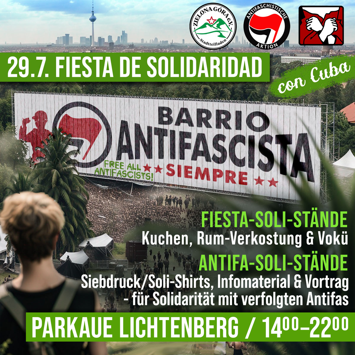 interabend's tweet photo. ⏍ #b2907 29.07.2023 #BERLIN
▼ 𝐁𝐀𝐑𝐑𝐈𝐎 𝐀𝐍𝐓𝐈𝐅𝐀𝐒𝐂𝐈𝐒𝐓𝐀 𝐚𝐮𝐟 𝐝𝐞𝐫 𝐅𝐢𝐞𝐬𝐭𝐚 𝐝𝐞 𝐒𝐨𝐥𝐢𝐝𝐚𝐫𝐢𝐝𝐚𝐝 #FreeAllAntifascists #CubaSiBerlin
⚲ 14:00–22:00 Stadtpark Lichtenberg (Parkaue)
ⓘ Info: https://t.co/Msbt90H2V4 https://t.co/licbUZ81p8