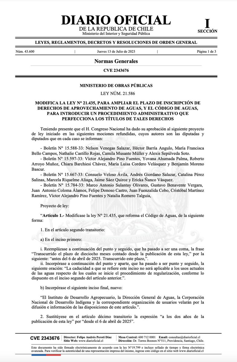 doe_cl's tweet photo. ⚖️ AHORA ES LEY I El 13 de julio el Diario Oficial publicó la ley Nº 21.586 que modifica la ley Nº 21.435
Link de la ley ➡️ https://t.co/J1gvusNJgX
#doe #leyes #codigodeaguas https://t.co/PIteH4LHNK