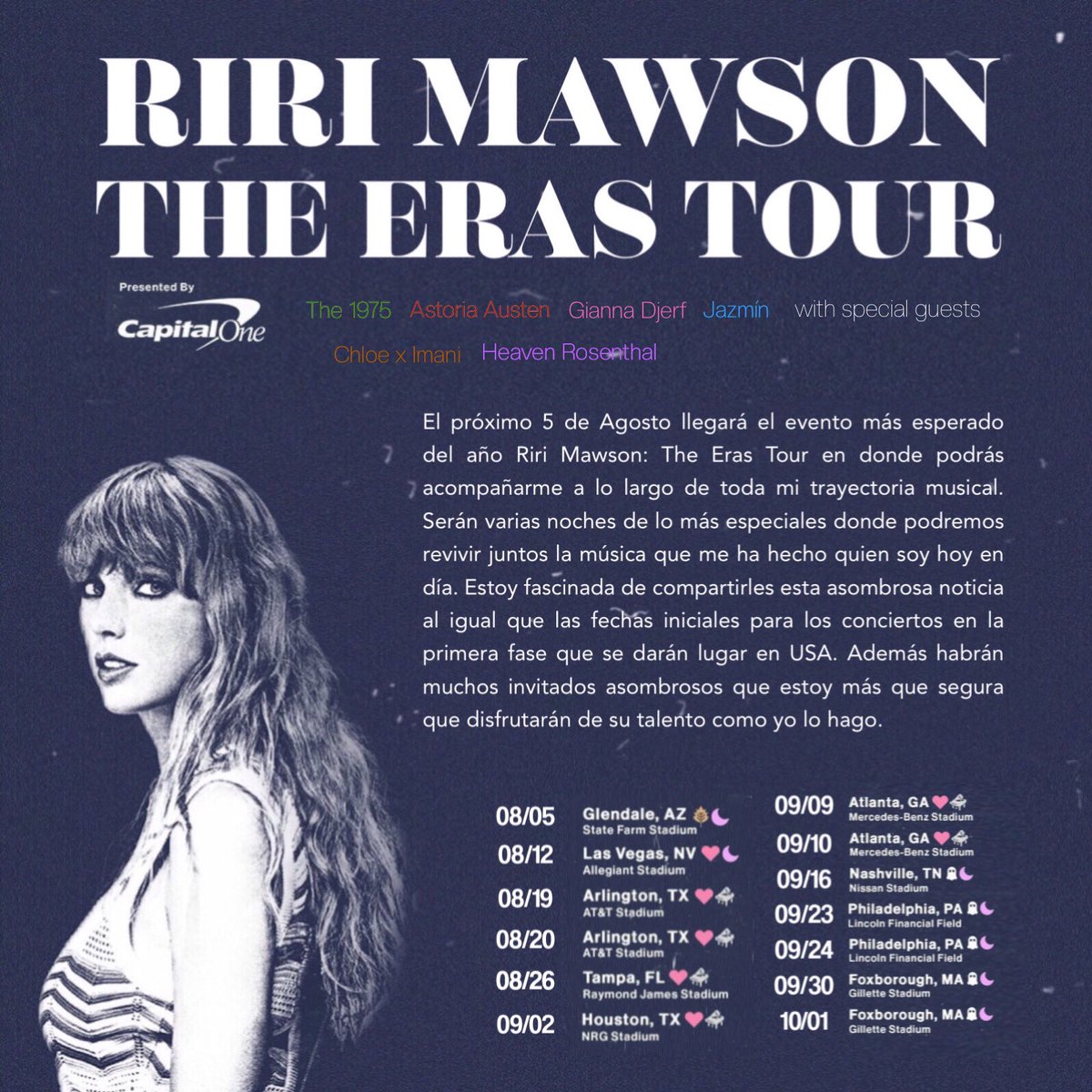 sirenfiles's tweet photo. ¡Por fin puedo decirlo! Estoy emocionada de compartirles las fechas de: Riri Mawson | The Eras Tour, el camino que he recorrido durante toda mi carrera musical y con invitados increíbles ¿están listos para vivirlo? Yo sin duda lo estoy.
#RiriTheErasTour. 🤍 https://t.co/AS5FvbRpaE