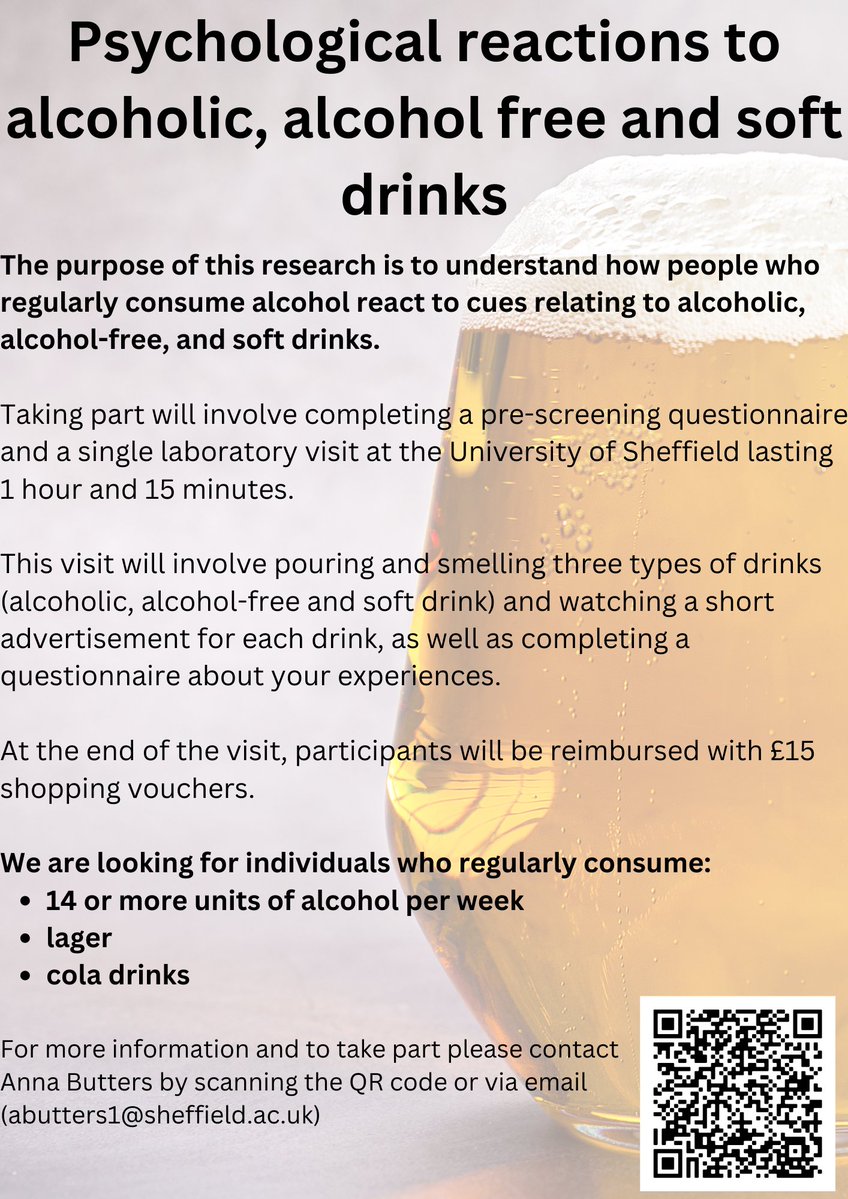 📣 Call for participants:

We're recruiting participants for a research study examining people's reactions to alcoholic, alcohol free and soft drinks.  

For more information and to take part, please see the advert below or get in touch with me here!