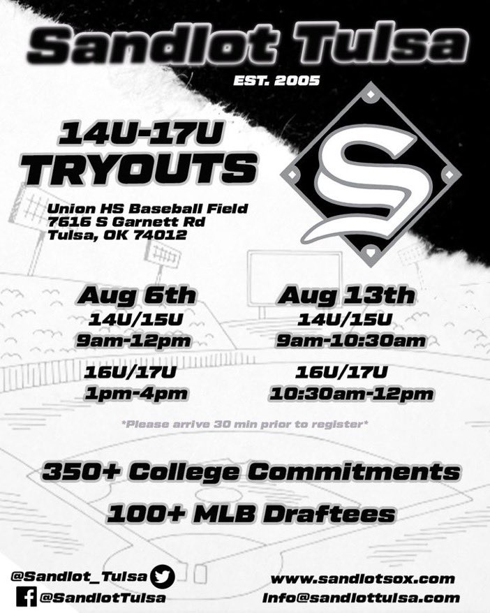 Sandlot_Tulsa's tweet photo. Sandlot Tryouts are right around the corner! 

#sandlotfam https://t.co/pV6F2CdDOZ