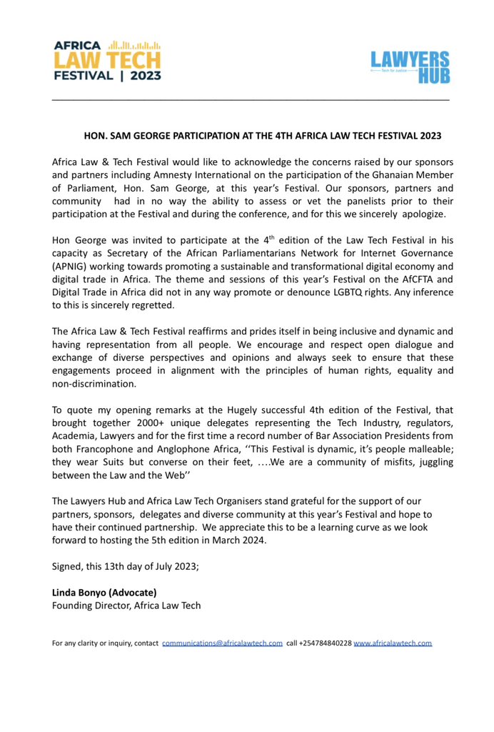 Africa Law Tech Festival statement on Ghana MP Sam George’s Participation at the 2023 #Africalawtech