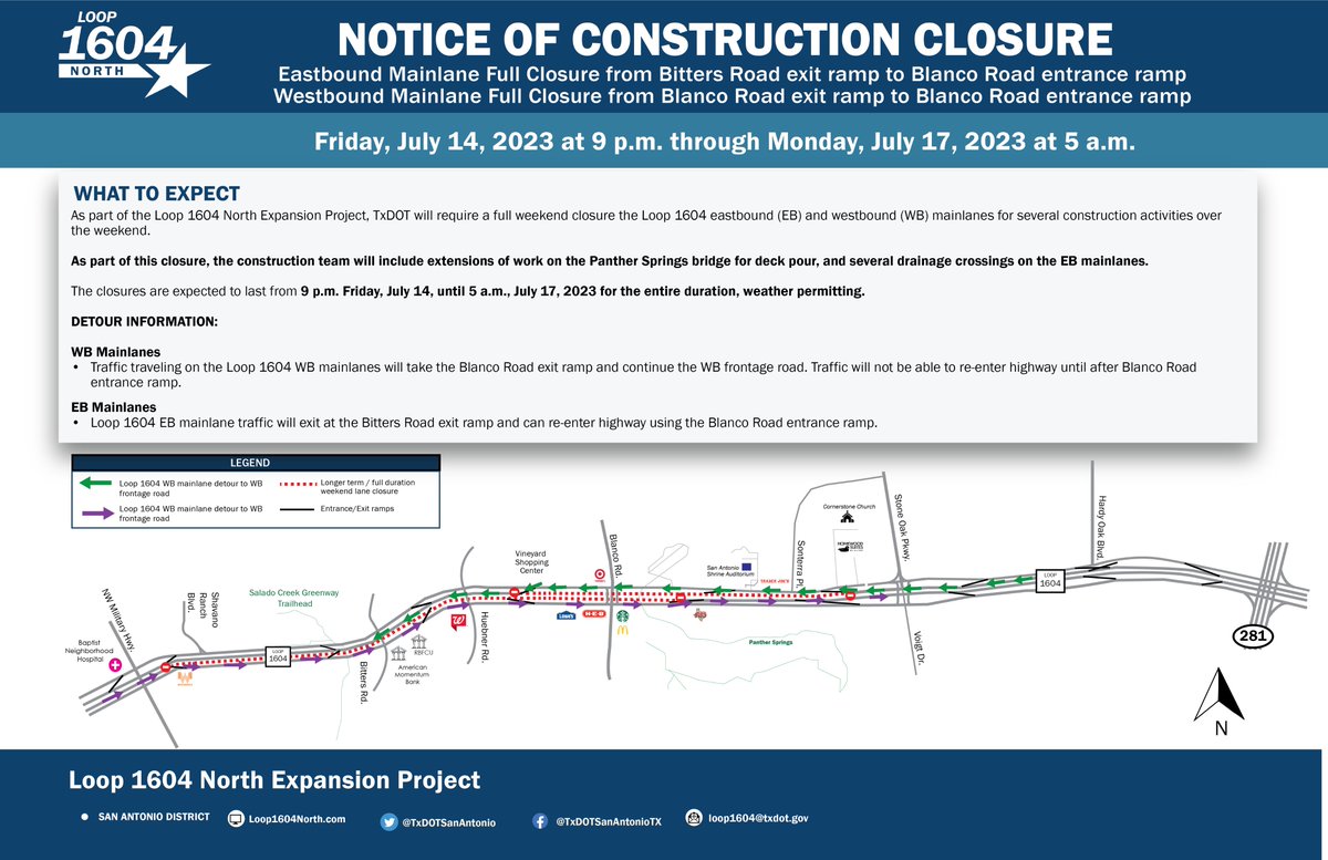 TxDOTSanAntonio's tweet photo. ⚠️WEEKEND CONSTRUCTION ALERT⚠️9PM FRIDAY (7/14) UNTIL 5AM MONDAY (7/17) - Full closure of Loop 1604 in north Bexar County for bridge work. Seek alternate route.

🚧EB 1604 from Bitters Rd. to Blanco Rd.
🚧 WB 1604 at Blanco Rd.

Subscribe for updates at https://t.co/BsRMzjIuOm. https://t.co/IOwB6gAj2u