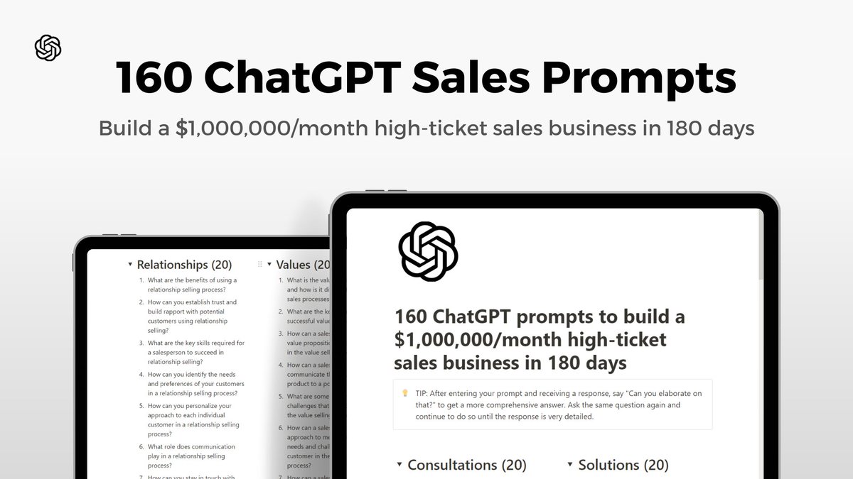 ChatGPT is a FREE sales closer But most people don't know how to unlock its full potential That's why I built 160 prompts to build a $1M sales business in 180 days And for the next 24 hours, it's FREE! To get it, just: 1. Follow me @iNotionHQ 2. RT this tweet 3. Reply 'SEND'