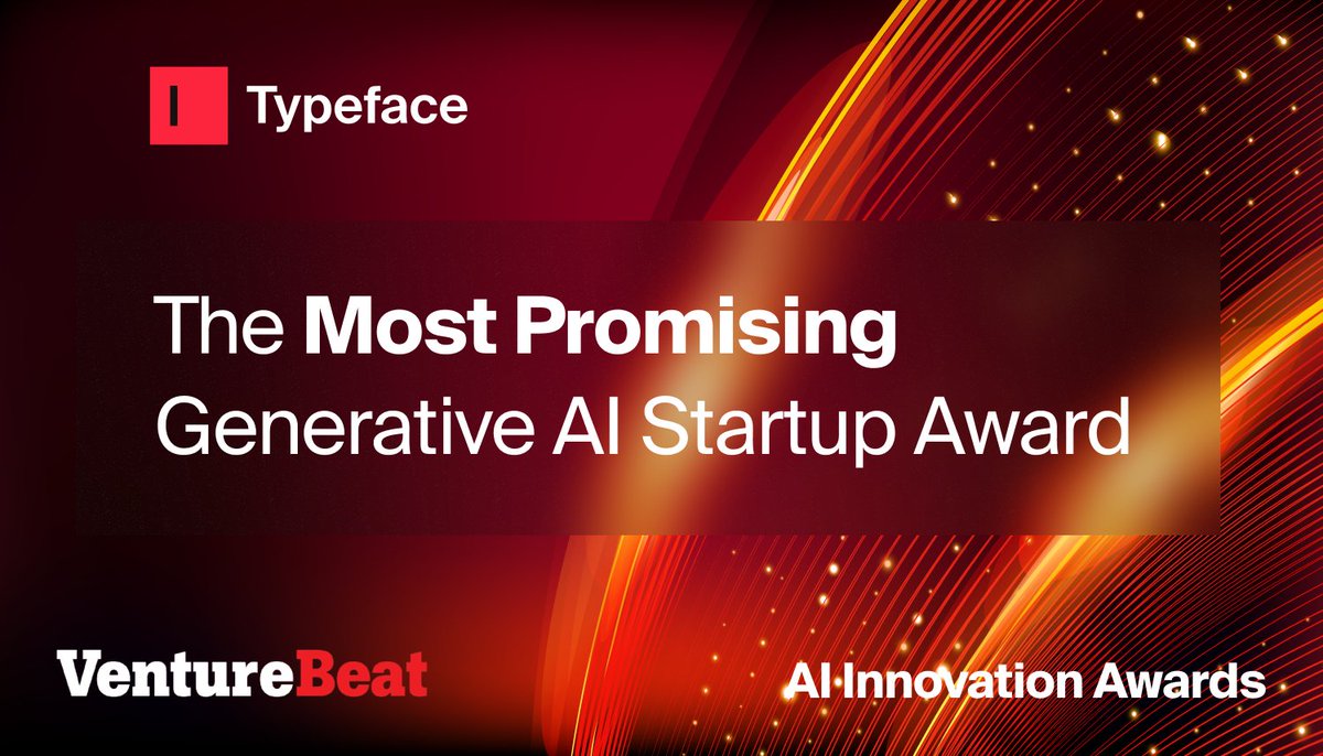 🎉 Excited to announce that Typeface has won the "Most Promising Generative AI Startup" at <a href="/VentureBeat/">VentureBeat</a> Transform! Honored to be among the ranks of some of the most innovative AI companies and partners <a href="/salesforce/">Salesforce</a> <a href="/OpenAI/">OpenAI</a> <a href="/huggingface/">Hugging Face</a>. Grateful for the recognition and motivated