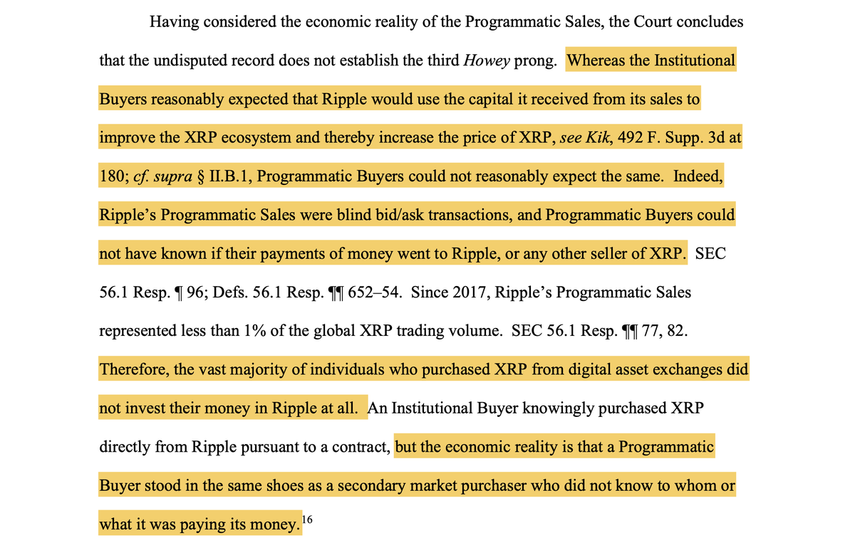 The sale of XRP on exchanges is NOT a security. Which means the sales of all cryptos on exchanges are NOT securities and @SECGov and @GaryGensler have NO jurisdiction over them. This is a watershed moment that relegates the SEC to TradFi and makes it a dinosaur regulator. Buh-bye