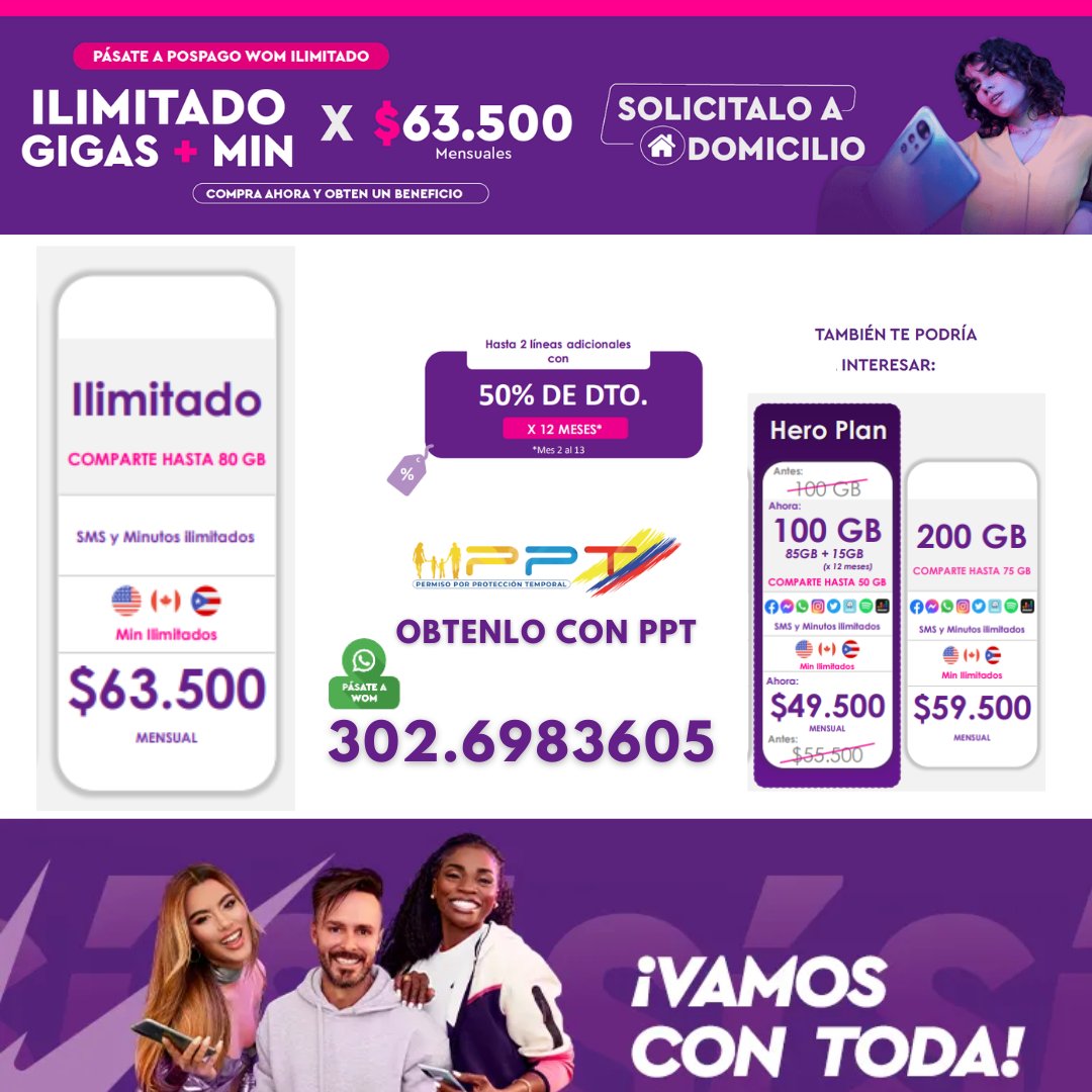 SeamlessCom's tweet photo. Con el plan ilimitado de WOM, disfruta de todos los gigas que necesitas para tus aplicaciones favoritas. Minutos y mensajes ilimitados a cualquier operador fijo y móvil, y minutos ilimitados para USA, Canadá y Puerto Rico. ¡Y hasta 80 GB para compartir #WOM #Ilimitados #colombia https://t.co/SomzNj5Jeh