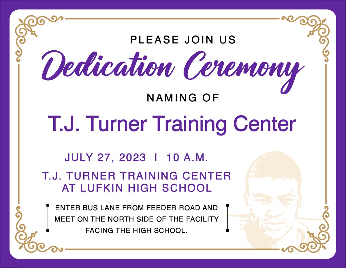 TeamLufkinISD's tweet photo. PLEASE JOIN US
We will be dedicating the T.J. Turner Training Center on July 27 at 10 a.m. All are encouraged to attend. https://t.co/IApWRwy5uV