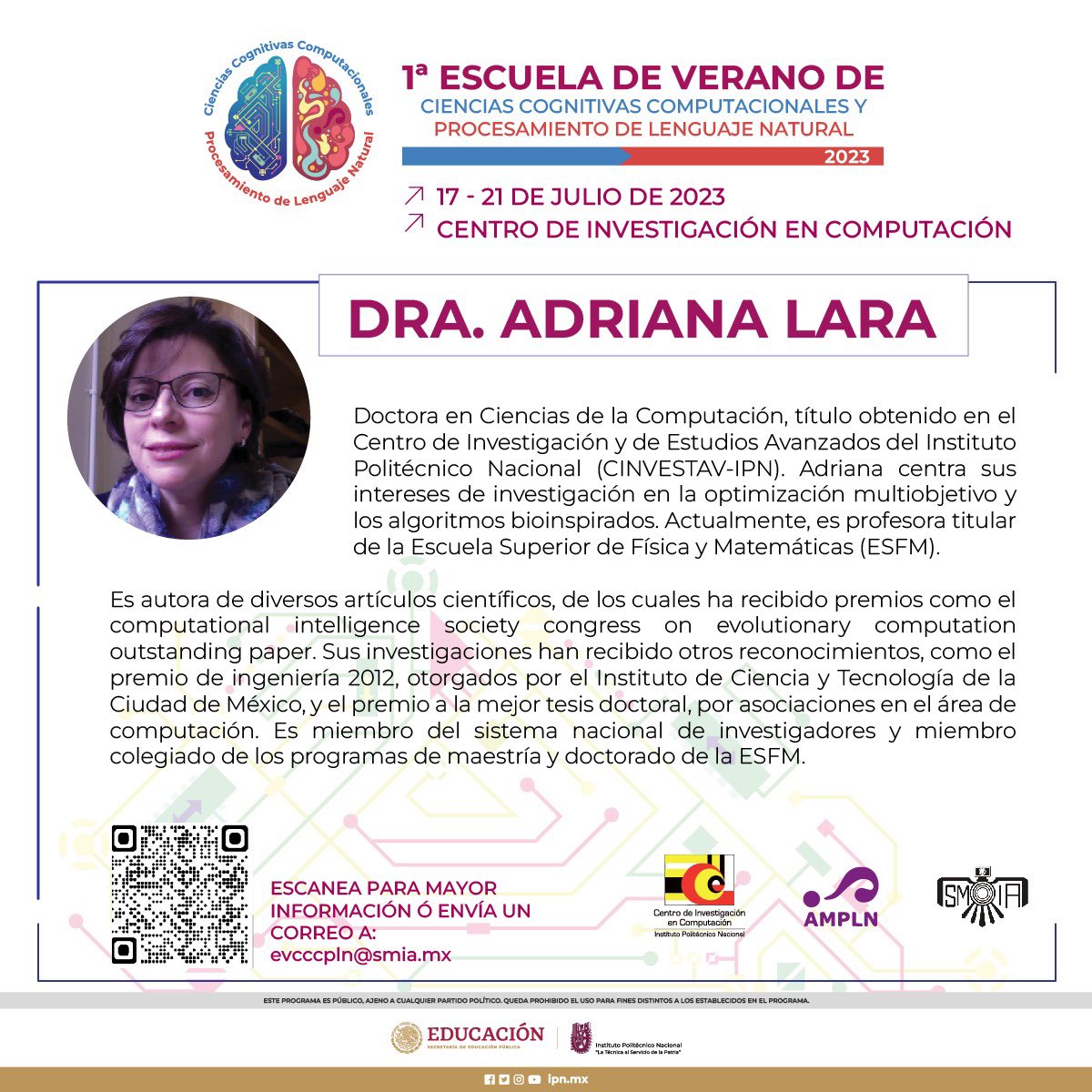 smia_mx's tweet photo. Expertos que participarán en la 1ra Escuela de Verano en Ciencias Cognitivas Computacionales y PLN

Dra Adriana Lara @cinvestav
Dr. Germán Palafox @UNAM_MX
Dr. Carlos Duchanoy @guschat
@NeuroBatman Investigador

🗓️17 al 21 de julio
📍@CIC_IPN_OFICIAL
Info: https://t.co/UZgeT6IPrh https://t.co/euVmUuVG6B