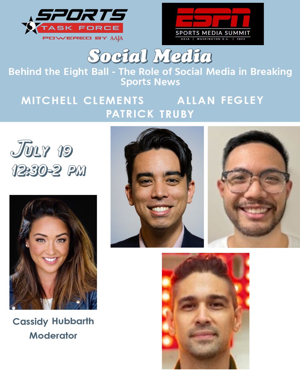 AAJAsports's tweet photo. @espn @MicheleSteele @NotoriousOHM @AaronAtayde @TheHoChen Social media does SO much in the modern media industry - what is the process in handling breaking news and to make the posts as good as they can be? Trends?

@CassidyHubbarth moderates a panel with @espn social media experts @MClem10 @allanfegley23 @PatrickTruby July 19 12:30p-2p https://t.co/xZgeRrHumH