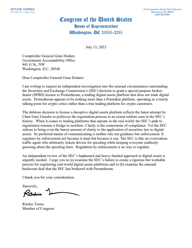 🚨 <a href="/SECGov/">U.S. Securities and Exchange Commission</a> is acting like an overzealous traffic cop arbitrarily ticketing drivers while keeping the speed limit a secret. 

It prefers to communicate by enforcement rather than by rules or guidance. But that's no way to regulate digital assets.

I'm calling for an investigation.