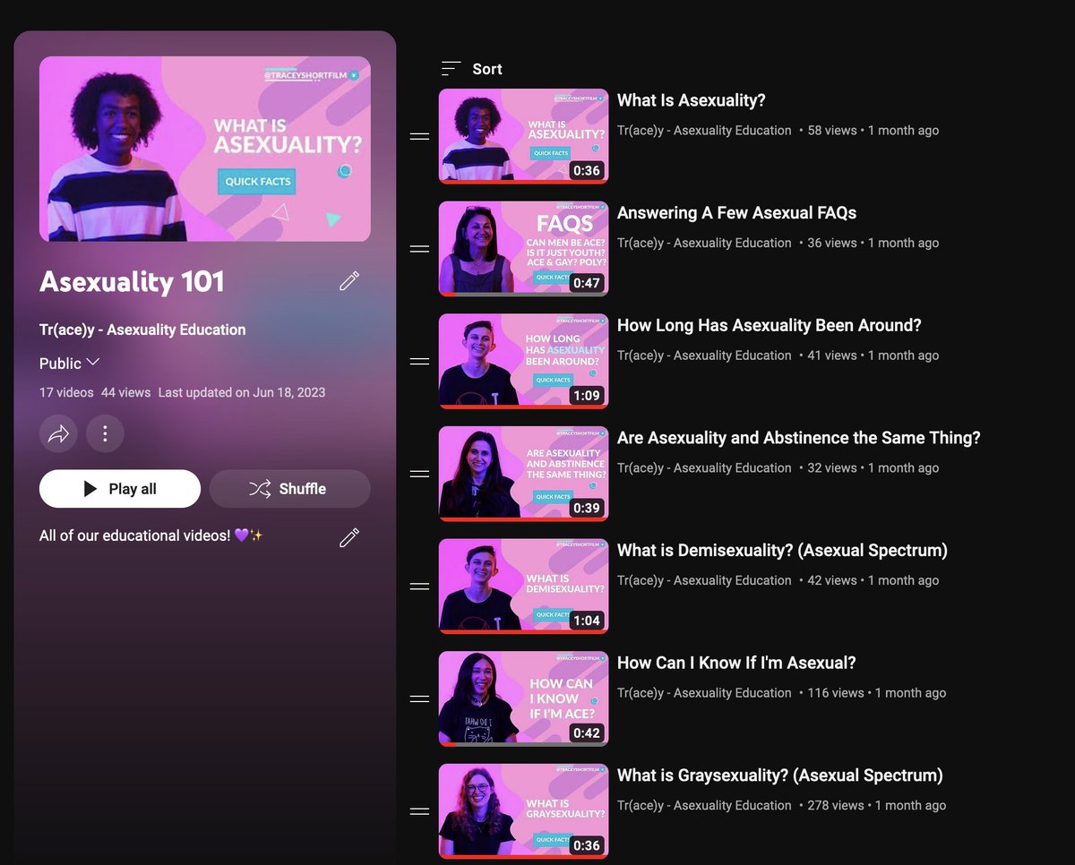 We have an "Asexuality 101" playlist on YouTube full of quick facts answering common questions! Feel free to share with loved ones! 
💜 
youtube.com/playlist?list=… 💜
 #asexuality #education #representation #ace #asexual #acepride #asexual #lgbtqia