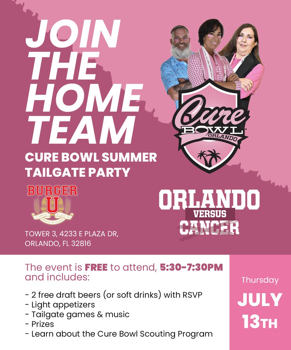 We will see you tonight! Join the Cure Bowl for our Summer Tailgate Party and Scout School! This event will include complimentary drinks and appetizers from our friends at Burger U and fun tailgate games and giveaways. #orlandovscancer #curebowl #linkinbio