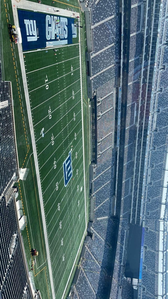 chuckknoxx's tweet photo. First look at the new field. Giants finally putting their logo at midfield. Yeah, I'm way too fired up now! 

#TOGETHERBLUE #BLEEDBLUE 
#NYGIANTS #GIANTS #GMEN https://t.co/UdEIlxufJb