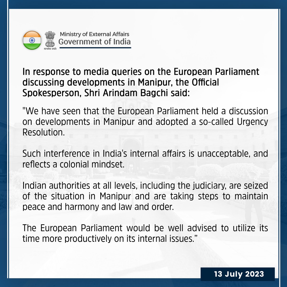 MEAIndia's tweet photo. Our response to media queries on the European Parliament discussing developments in Manipur:

https://t.co/6jD1FE85Ns https://t.co/6jqlDzoLs1