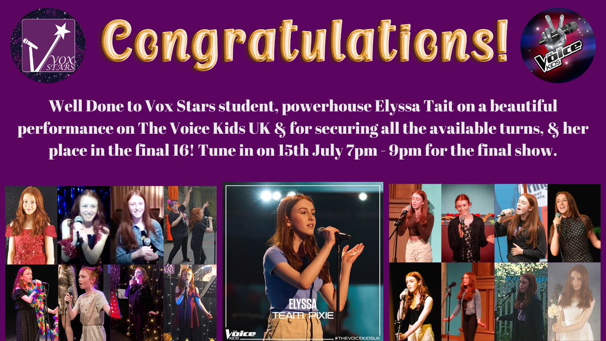 Vox_Stars's tweet photo. Congrats to @Vox_Stars student, powerhouse @elyssa_tait on a beautiful performance @thevoicekidsuk, securing all the available turns &amp; her place in the final 16: Tune in on 15th July 7-9pm for the final show.#voxstars #TheVoiceKidsUK #singinglessons #singingtalent #teampixie https://t.co/I4IIea4KWU