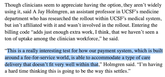 AJHolmgren's tweet photo. I'm quoted in STAT News today on how billing for portal messages is a step in the right direction, but may test the limits of how well continuous digital communication fits in a fee-for-service payment system built for discrete care events https://t.co/1kEAtaMNHQ https://t.co/z7YJH5uv7A