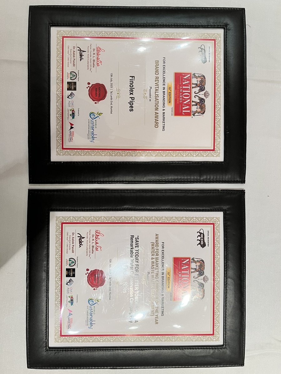 JessyAshok's tweet photo. Collected 2 awards. On behalf of @FinolexPipe   1st) Brand Revitalisation Award. 2nd) Marketing Campaign of the year (Water &amp; Waste Management). Happy to lead #Marketing &amp; #communications. #retail #cx #CMO #nationalawards #TV #teamwork #marketingexcellence https://t.co/DXh4poWFpI